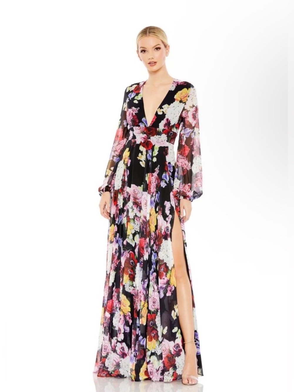 Long Sleeve Floral Chiffon Dress Detail Mac Duggal 55660
